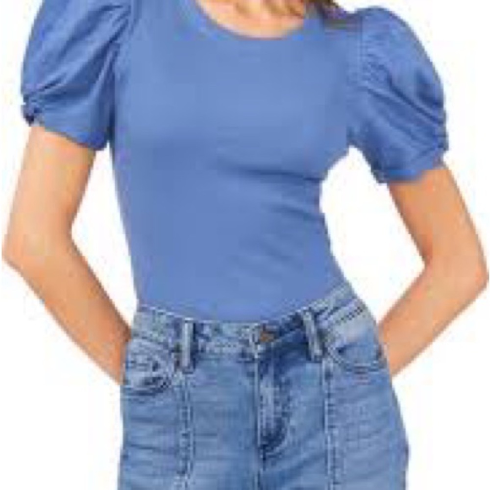 NWT, Puff Sleeve, Ribbed Knit,  100% Cotton T in Iris Blue